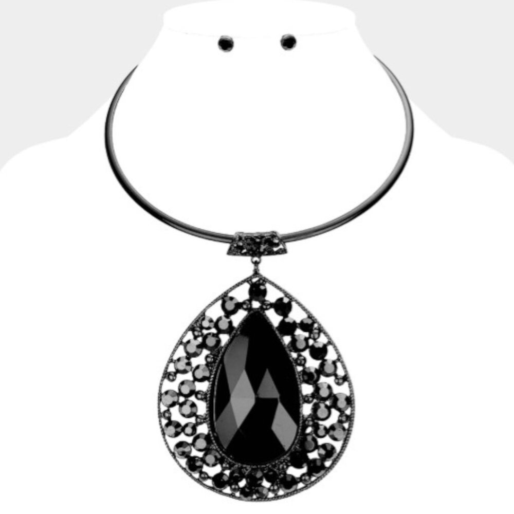 X-Lg Teardrop Pave Set Black Rhinestone Choker Necklace & Earring Set NWT - Picture 3 of 3